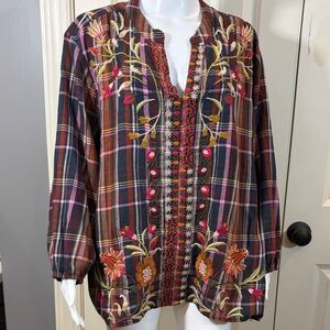 Johnny Was Plaid Tunic with Pink and Green Accents